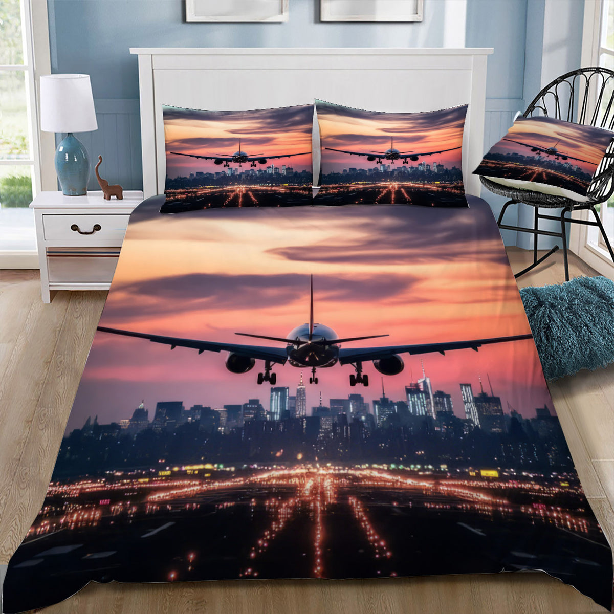 Airplane Sunset Landing Doona / Duvet Cover and 2 Pillow Slips